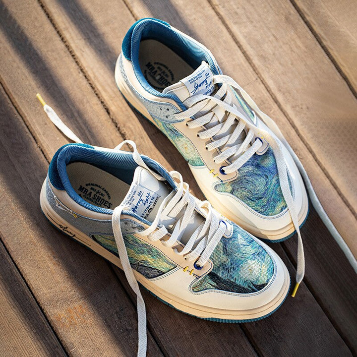 Artistic Starry Night sneakers featuring a unique Van Gogh inspired design, vibrant colors, & comfy sole.