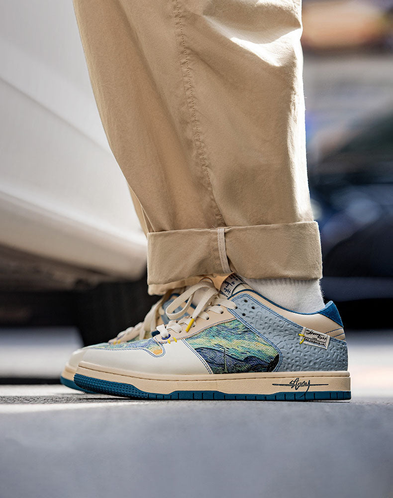 Statement Starry Night artistic sneakers featuring a vibrant Van Gogh print & comfortable sole for standout style.