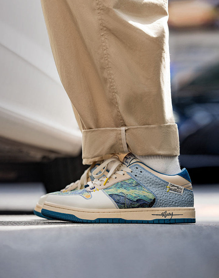 Statement Starry Night artistic sneakers featuring a vibrant Van Gogh print & comfortable sole for standout style.