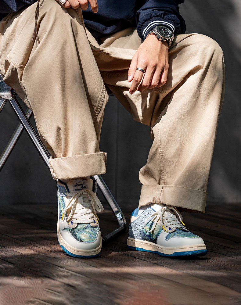 Walking Starry Night sneakers. Art-inspired unisex shoes with comfort sole, vibrant design for active casual wear.