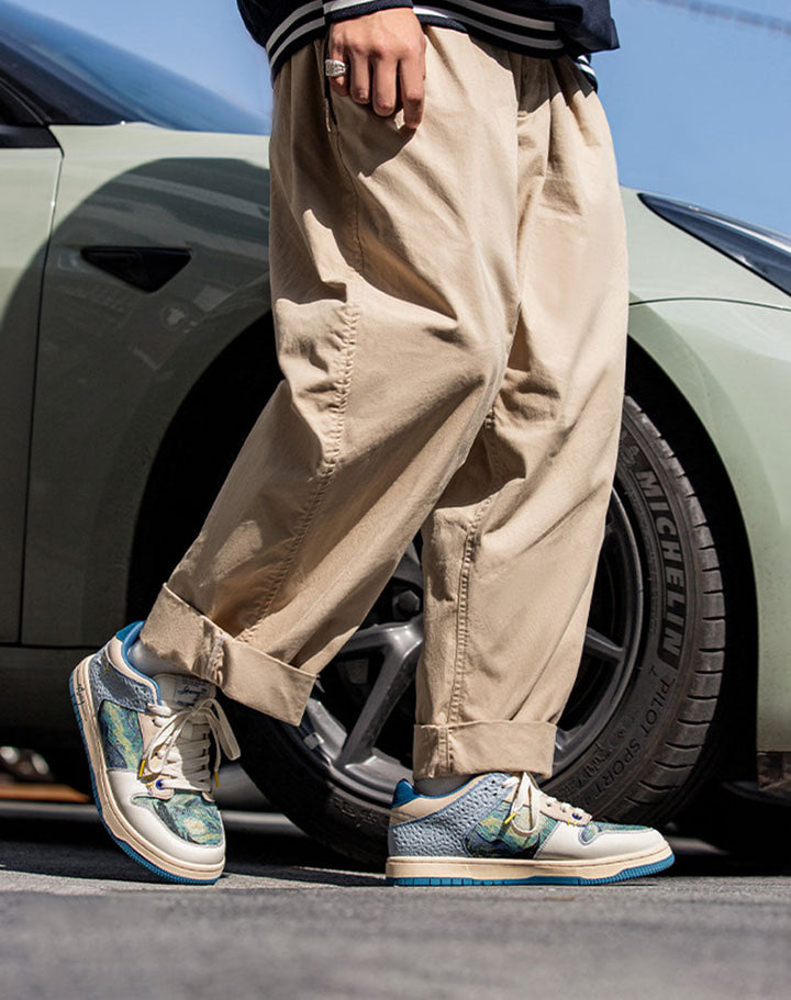 Unique Starry Night sneakers. Artistic Van Gogh inspired design, vibrant colors & comfort sole for standout casual shoes.
