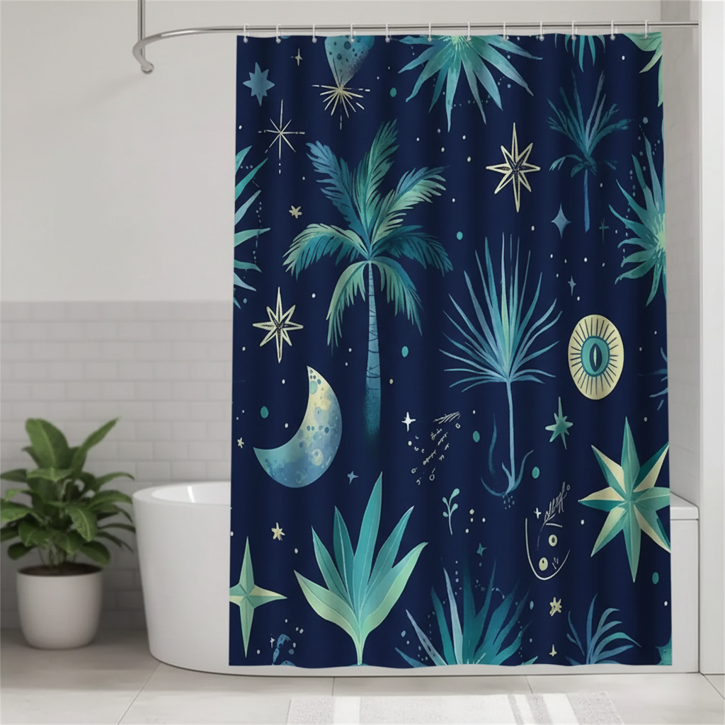 Unisex Starry Night Palm fabric shower curtain, tropical bathroom decor with calming starry sky and palm trees