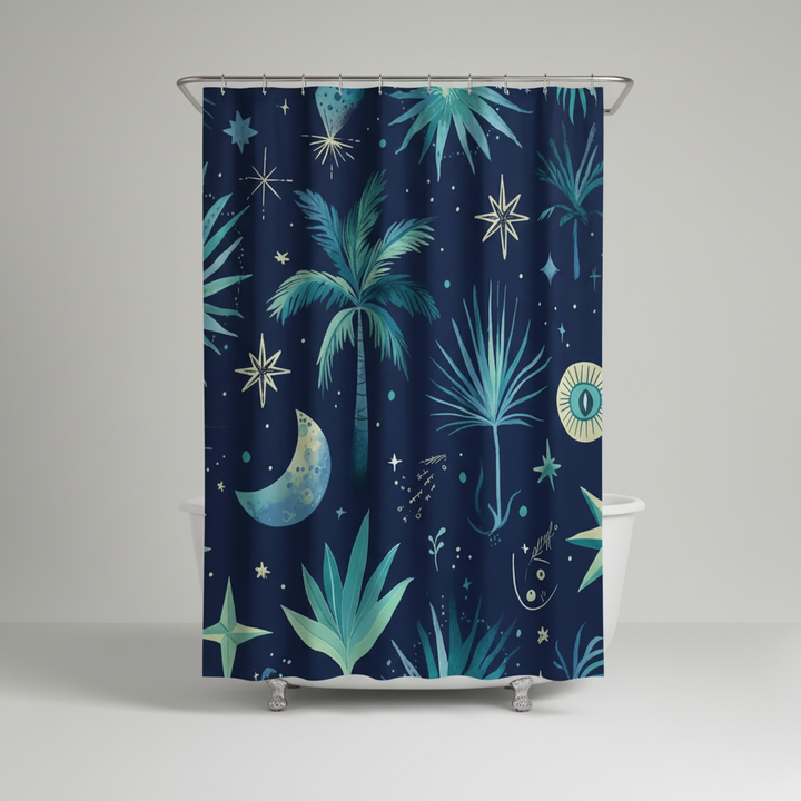 Soft, water-repellent polyester shower curtain with a Starry Night Palm design for stylish bathroom decor