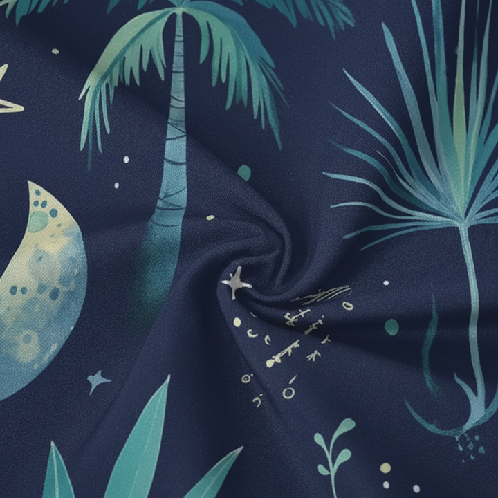 Starry Night Palm fabric shower curtain, featuring a vibrant tropical print perfect for any home decor