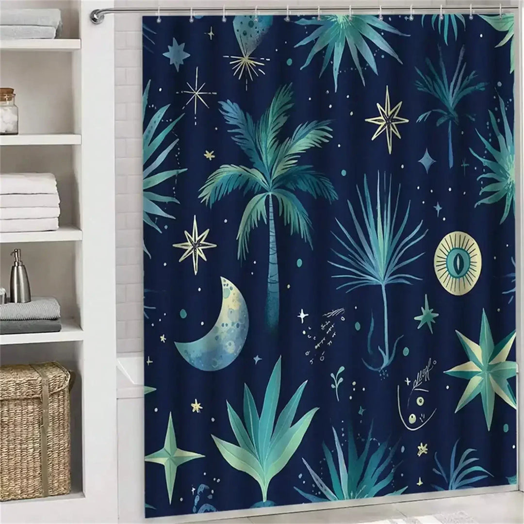 Elegant StarPalmia shower curtain showcasing a unique starry night and palm tree pattern, home decor accent