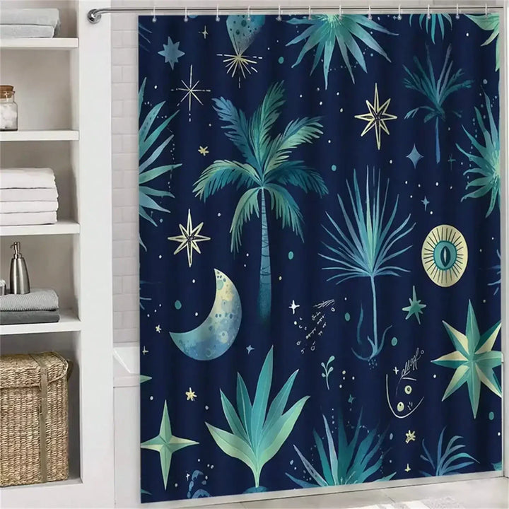 Elegant StarPalmia shower curtain showcasing a unique starry night and palm tree pattern, home decor accent