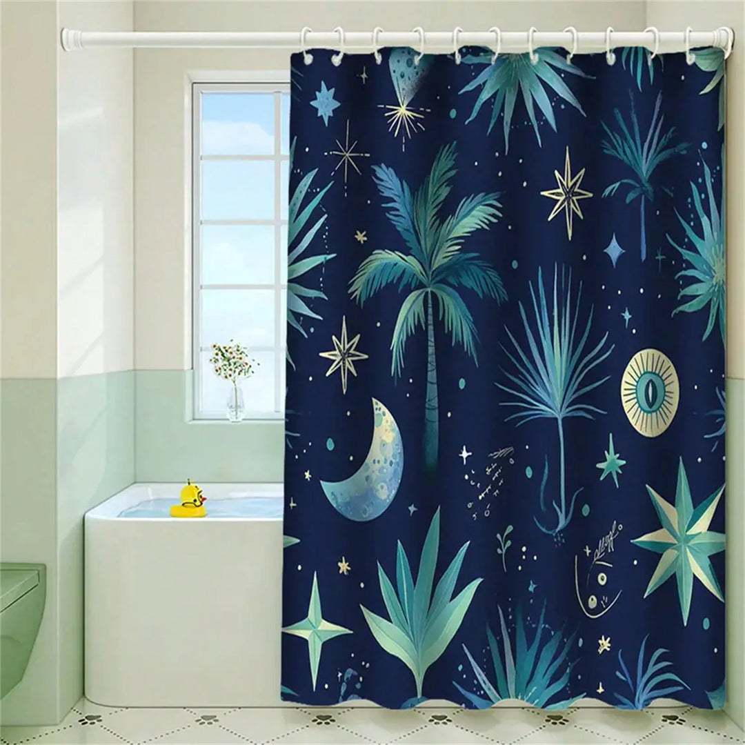 Calming Starry Night Palm fabric shower curtain, soft polyester for a relaxed, nature-inspired bathroom