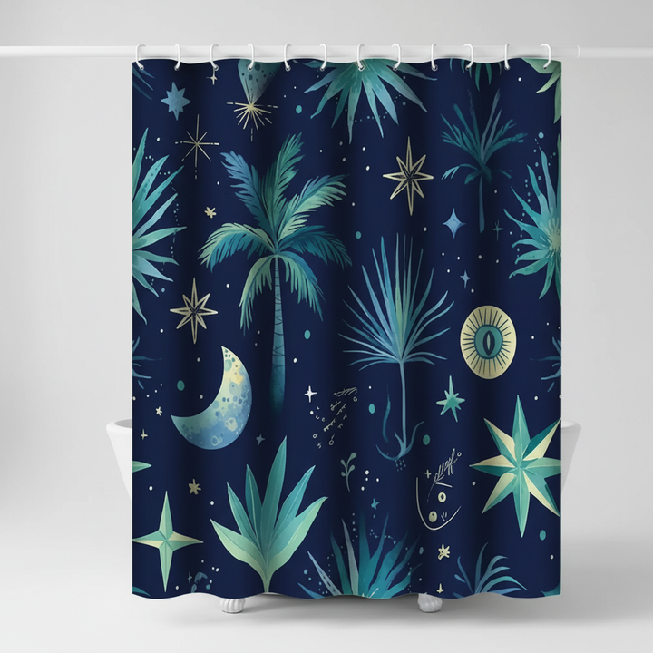 Bathroom decor: durable, water-repellent fabric shower curtain with a trendy Starry Night Palm print