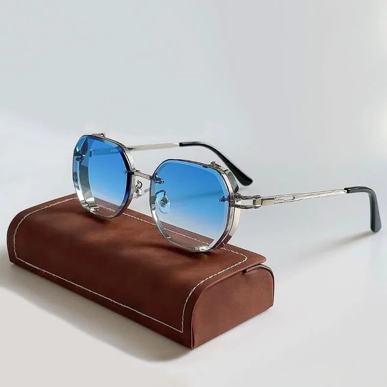 Close-up of round Steampunk polarized sunglasses, vintage aluminum frame eyewear.