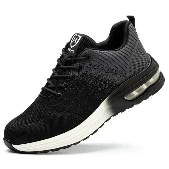Slip-resistant unisex safety sneakers, steel toe protection, featuring air cushion for lasting comfort.