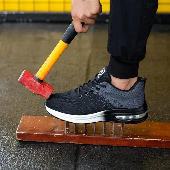 Modern unisex safety work shoes with steel toe, air cushion comfort, durable for industrial environments.