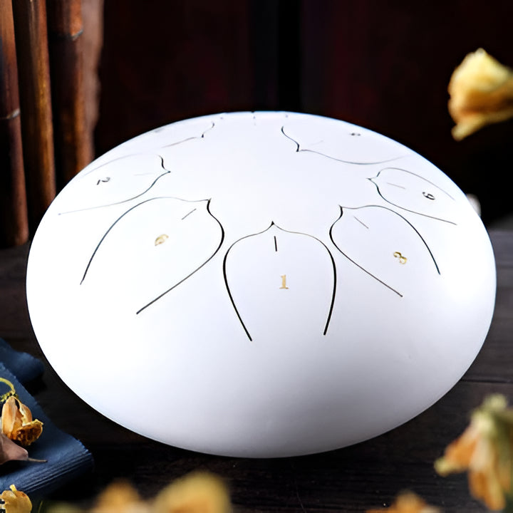 Elegant steel tongue drum, a relaxing percussion instrument for stress relief and mindful music creation.