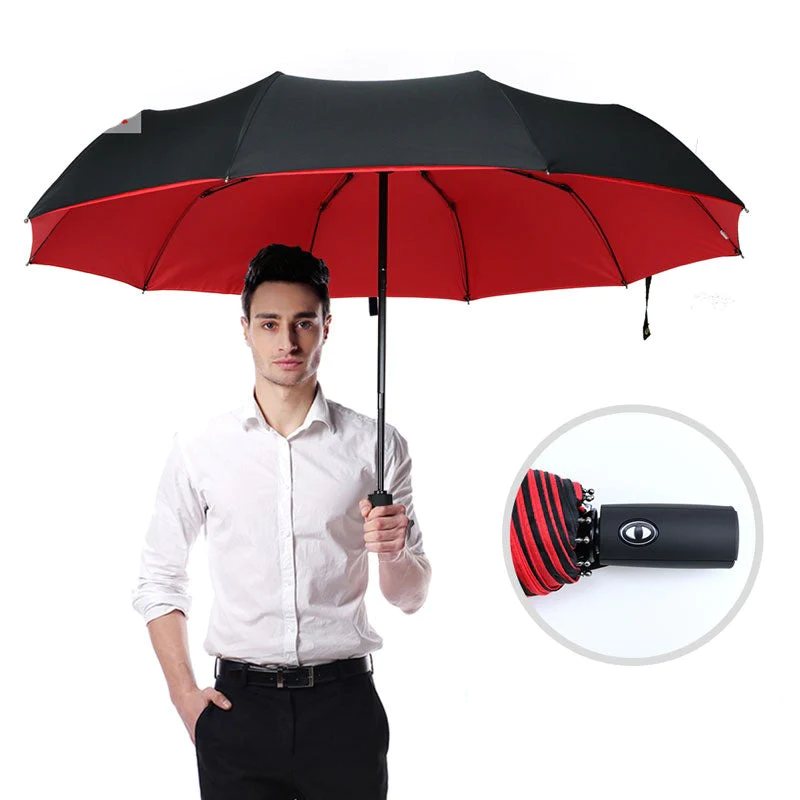 Unisex storm-proof compact folding umbrella, black, with ergonomic handle, for windproof rain protection