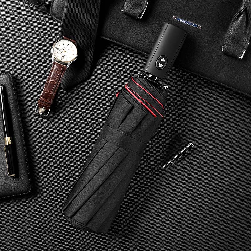 Open storm-proof folding umbrella, showing sturdy frame, offering reliable windproof rain protection