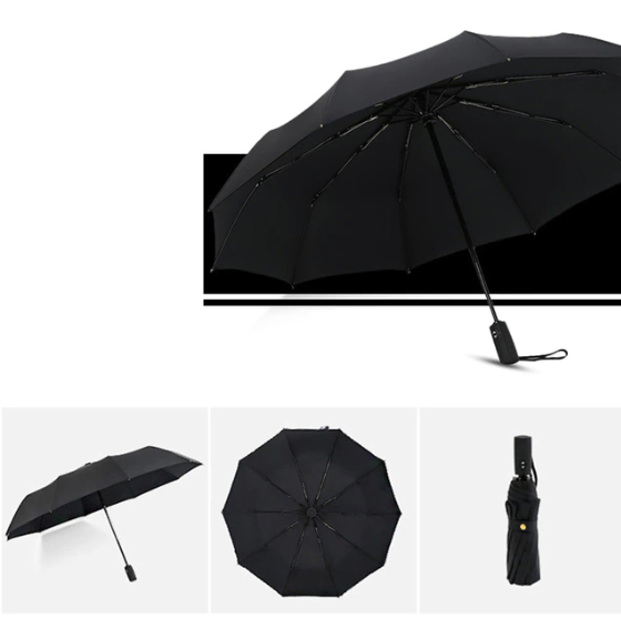 Unisex folding umbrella, black, partially open, highlighting windproof and weatherproof features for rain