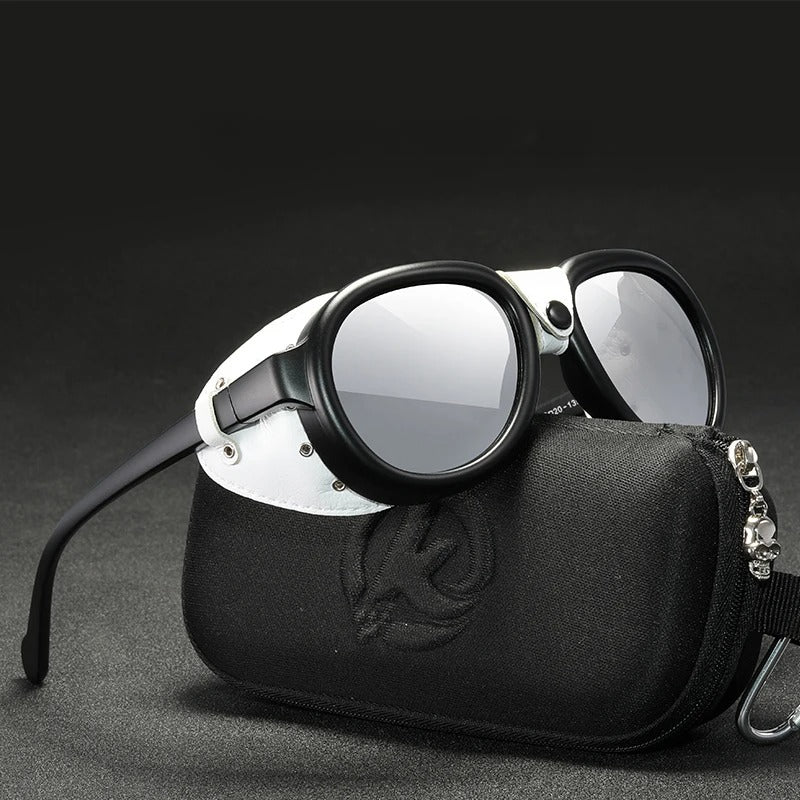 Brown leather StormRider shades with protective tinted lenses, ideal unisex eyewear for outdoor fashion & adventure.