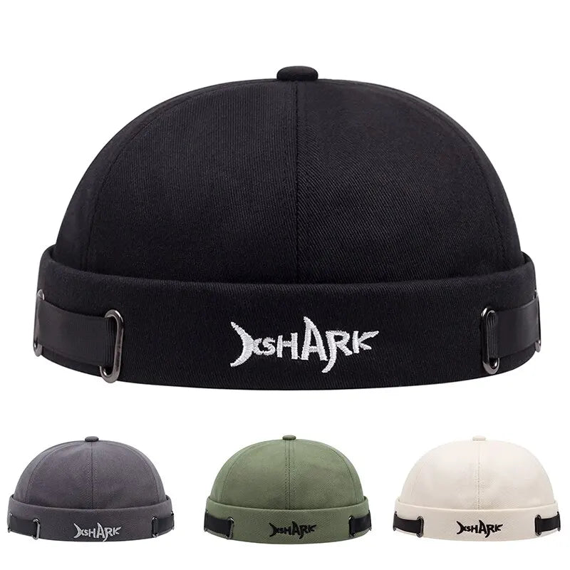 Unisex streetwear beanie hat with embroidered shark design. Urban fashion accessory for men and women.