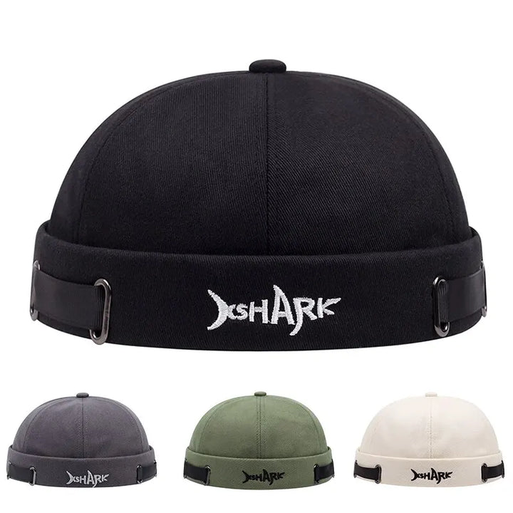 Unisex streetwear beanie hat with embroidered shark design. Urban fashion accessory for men and women.