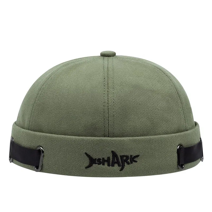 Detailed embroidery of a shark on a stylish unisex streetwear beanie. A must-have urban fashion hat.