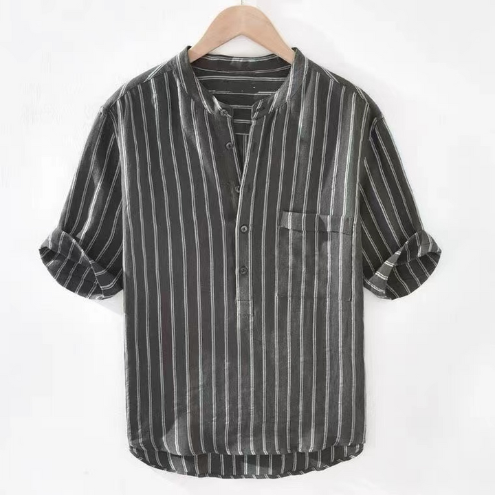 Unisex striped cotton linen blend henley shirt, perfect lightweight summer wear for warm weather.