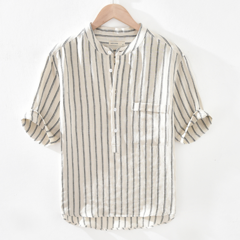 Relaxed fit, breathable striped henley top for men & women, ideal casual summer shirt.