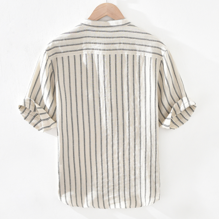 Lightweight cotton linen striped henley shirt, comfortable unisex casual top for warm climates.