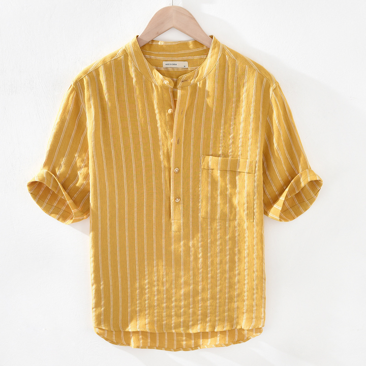 Striped linen blend henley shirt, a relaxed fit breathable top for summer & casual outfits.