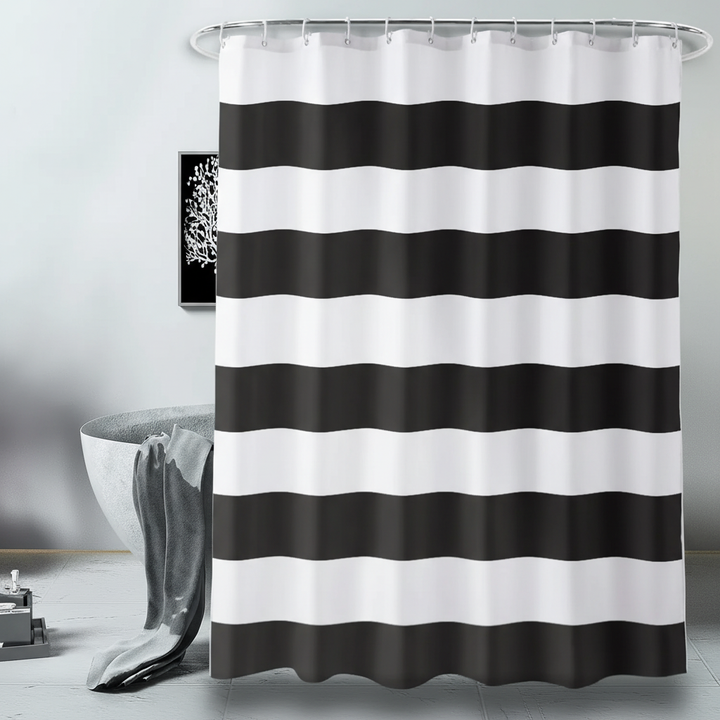 Unisex striped fabric shower curtain, WavePanel design, blue and white stripes, bathroom decor