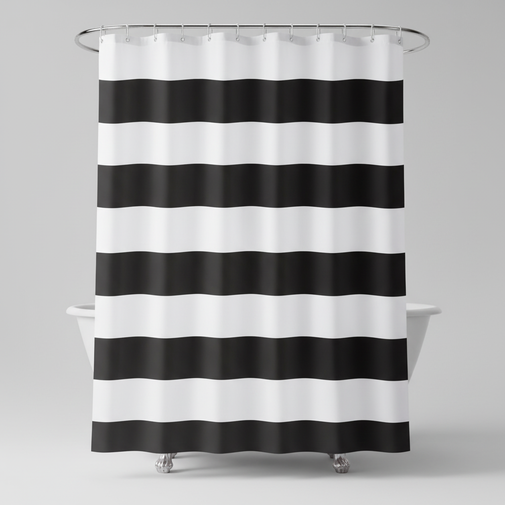 Close-up of WavePanel striped fabric shower curtain, textile texture, neutral bathroom decor