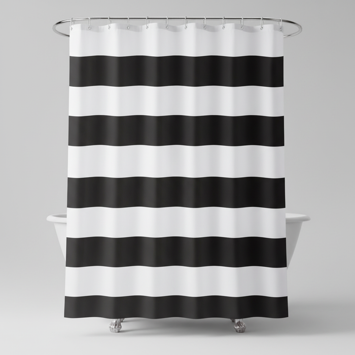 Close-up of WavePanel striped fabric shower curtain, textile texture, neutral bathroom decor