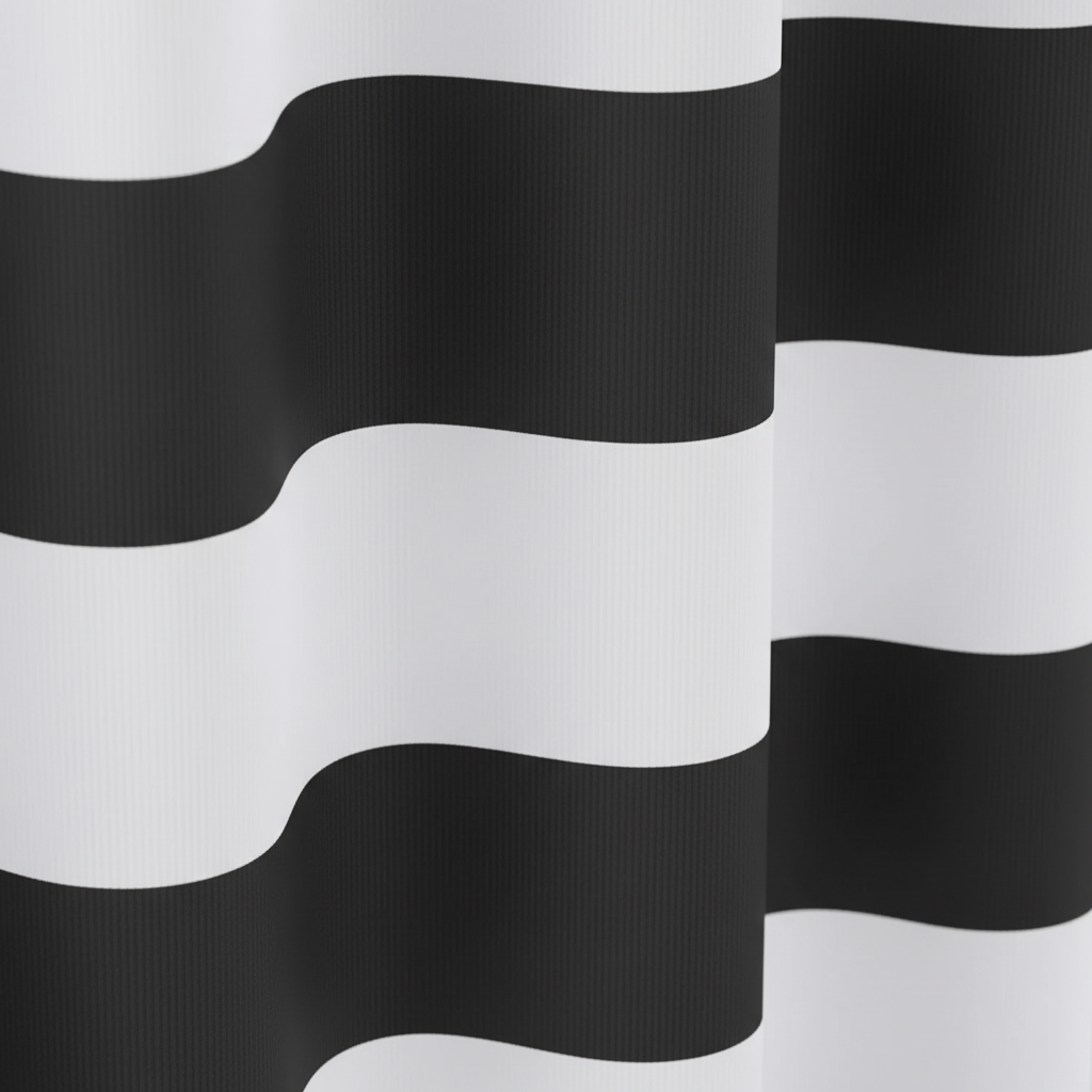 Stylish striped fabric shower curtain, WavePanel pattern, enhancing modern bathroom aesthetics
