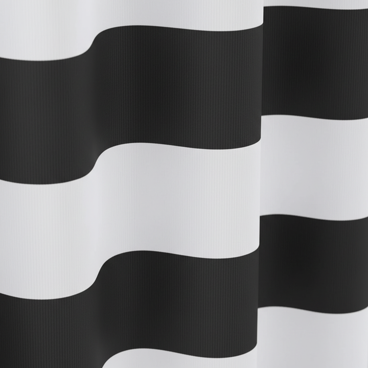 Stylish striped fabric shower curtain, WavePanel pattern, enhancing modern bathroom aesthetics