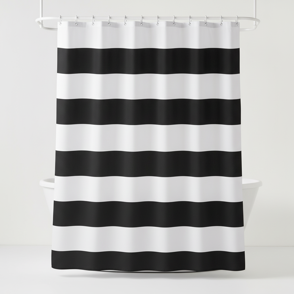 Textile shower curtain with elegant WavePanel stripes, waterproof fabric, bathroom decor