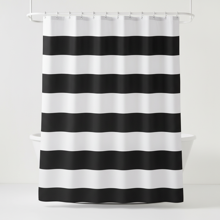 Textile shower curtain with elegant WavePanel stripes, waterproof fabric, bathroom decor