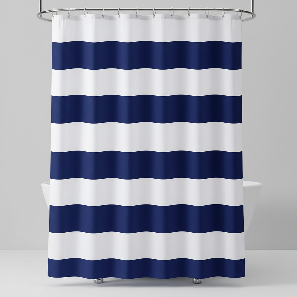 Striped fabric shower curtain featuring WavePanel design, durable and machine washable