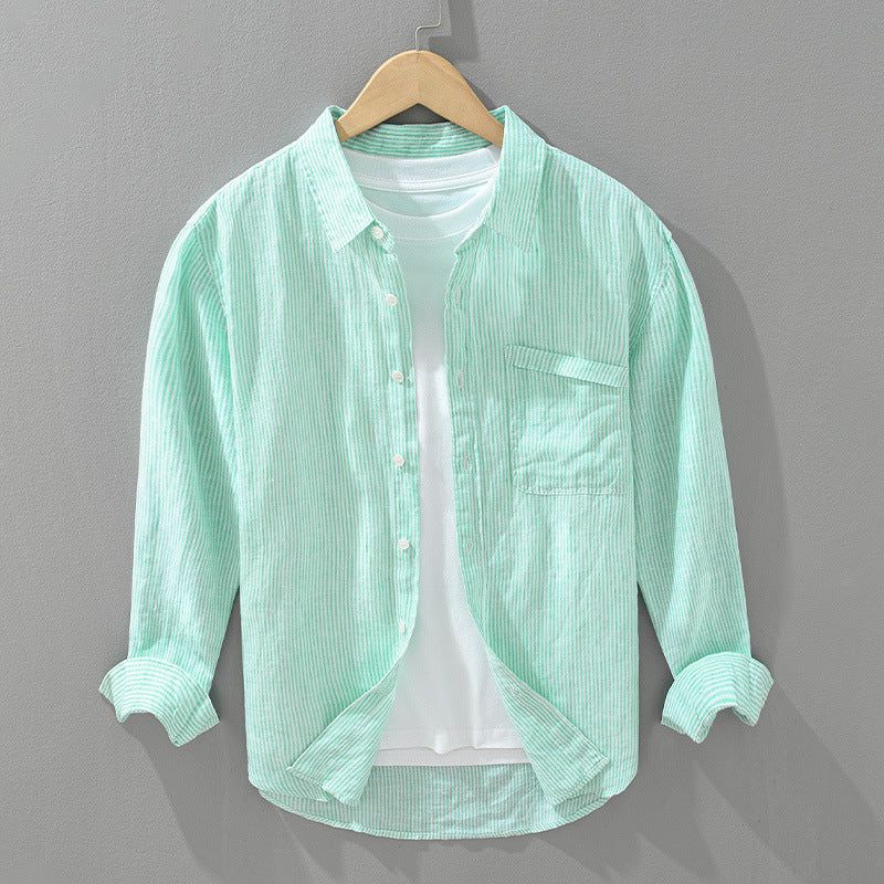 Casual unisex striped button-down shirt. Versatile & comfortable for everyday wear. Lightweight top.