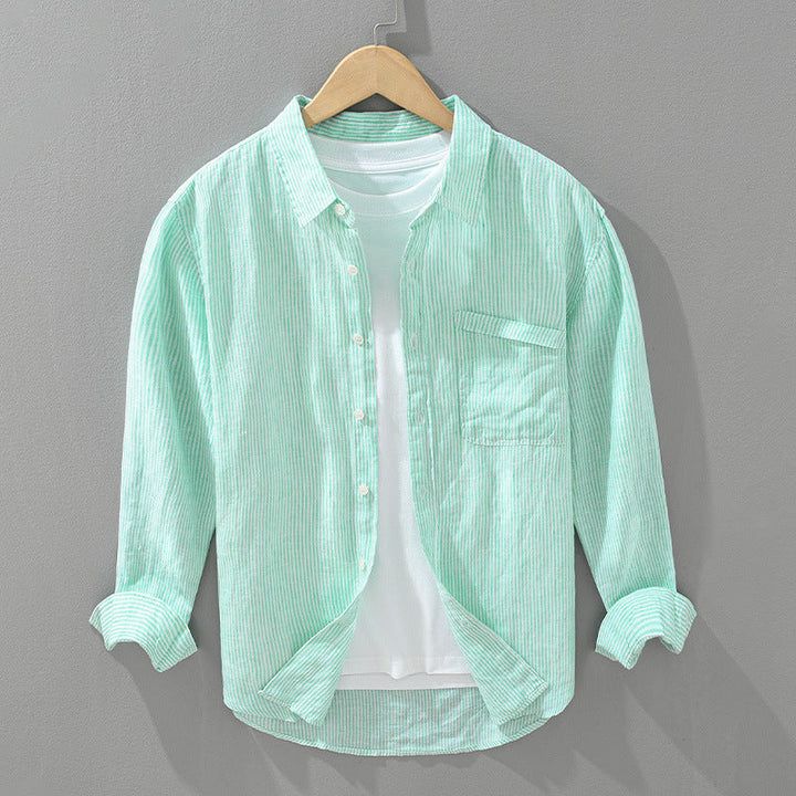 Casual unisex striped button-down shirt. Versatile & comfortable for everyday wear. Lightweight top.