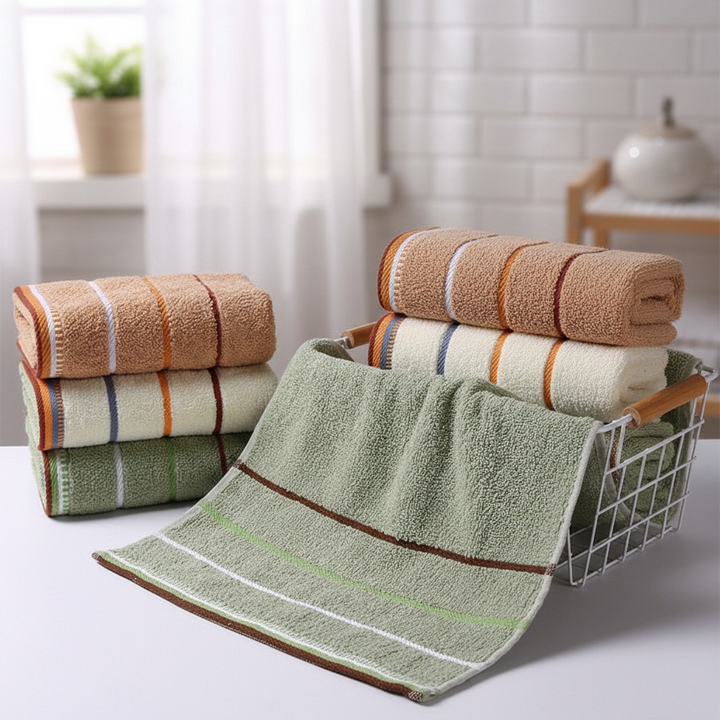 Unisex striped terry towel set, soft and absorbent, in a bathroom setting, quick dry polyester.