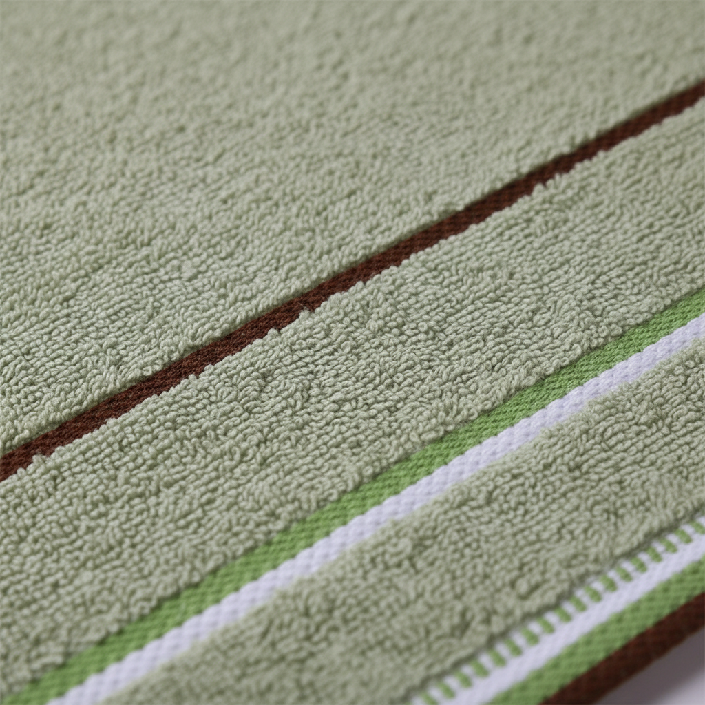 Close-up of a striped terry towel set, featuring soft, quick-dry polyester and strong absorption.