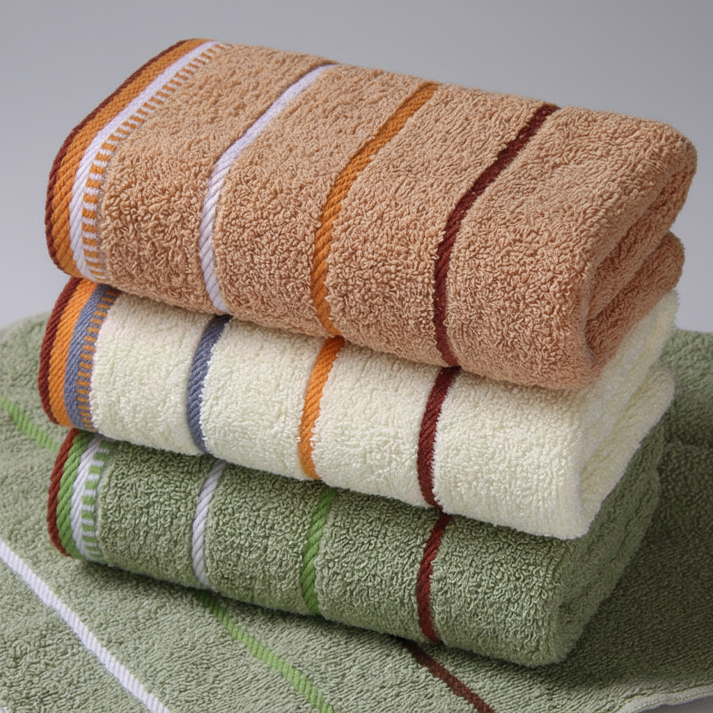 Three-piece striped terry towel set in vibrant colors, absorbent and durable for everyday use.