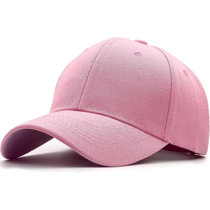 Close-up of the front of a blue adjustable baseball cap, highlighting its structured brim and design