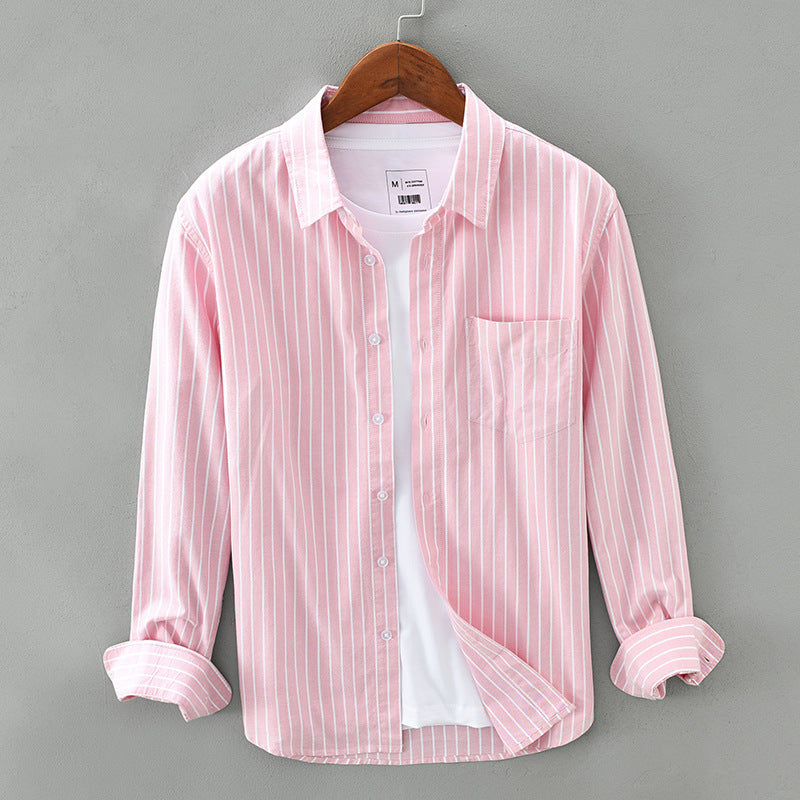 Pink & white striped unisex summer shirt. Casual button-down style for men & women on warm sunny days.