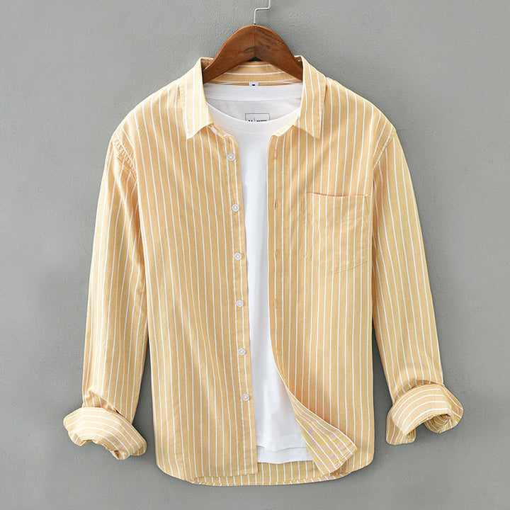 Orange & white casual striped shirt. Unisex button-down design, ideal for stylish warm weather summer wear.