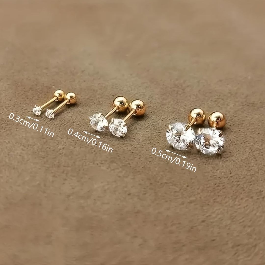 Close-up of a single round zirconia stud earring crafted from hypoallergenic titanium steel, with subtle sparkle.