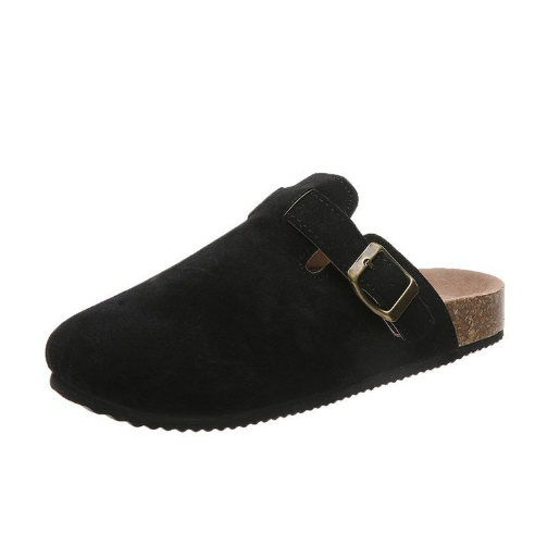 Unisex suede slip-on shoes with adjustable buckle for comfortable everyday wear.