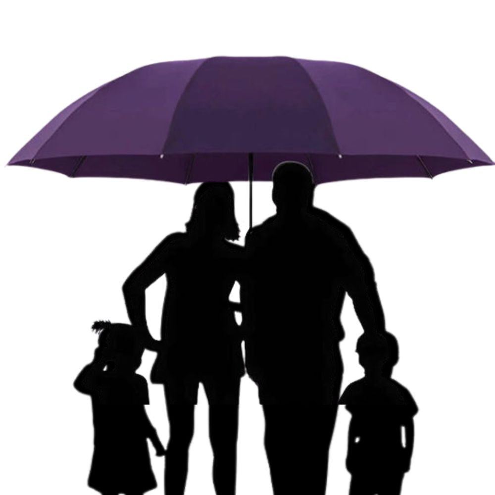 Versatile unisex super large folding umbrella, windproof design ensures strong rain & sun protection for families.
