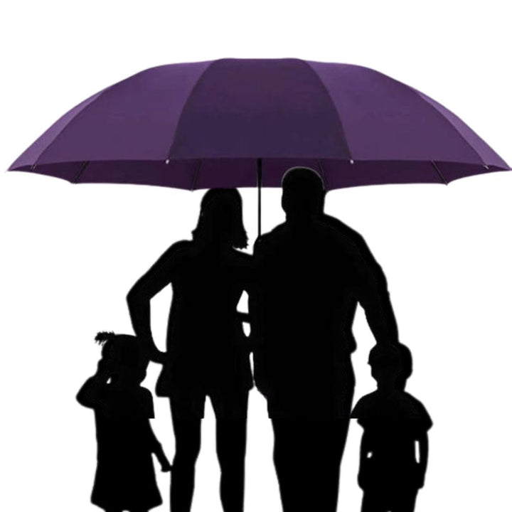 Versatile unisex super large folding umbrella, windproof design ensures strong rain & sun protection for families.