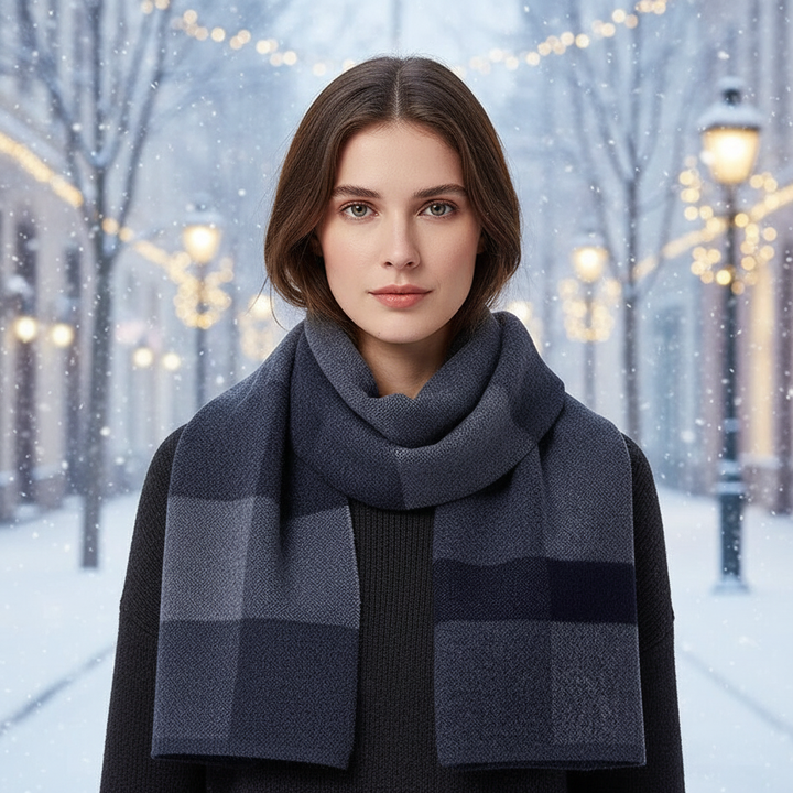 Close-up of a warm wool scarf, WoolLuxe brand, soft texture, suitable for cold weather