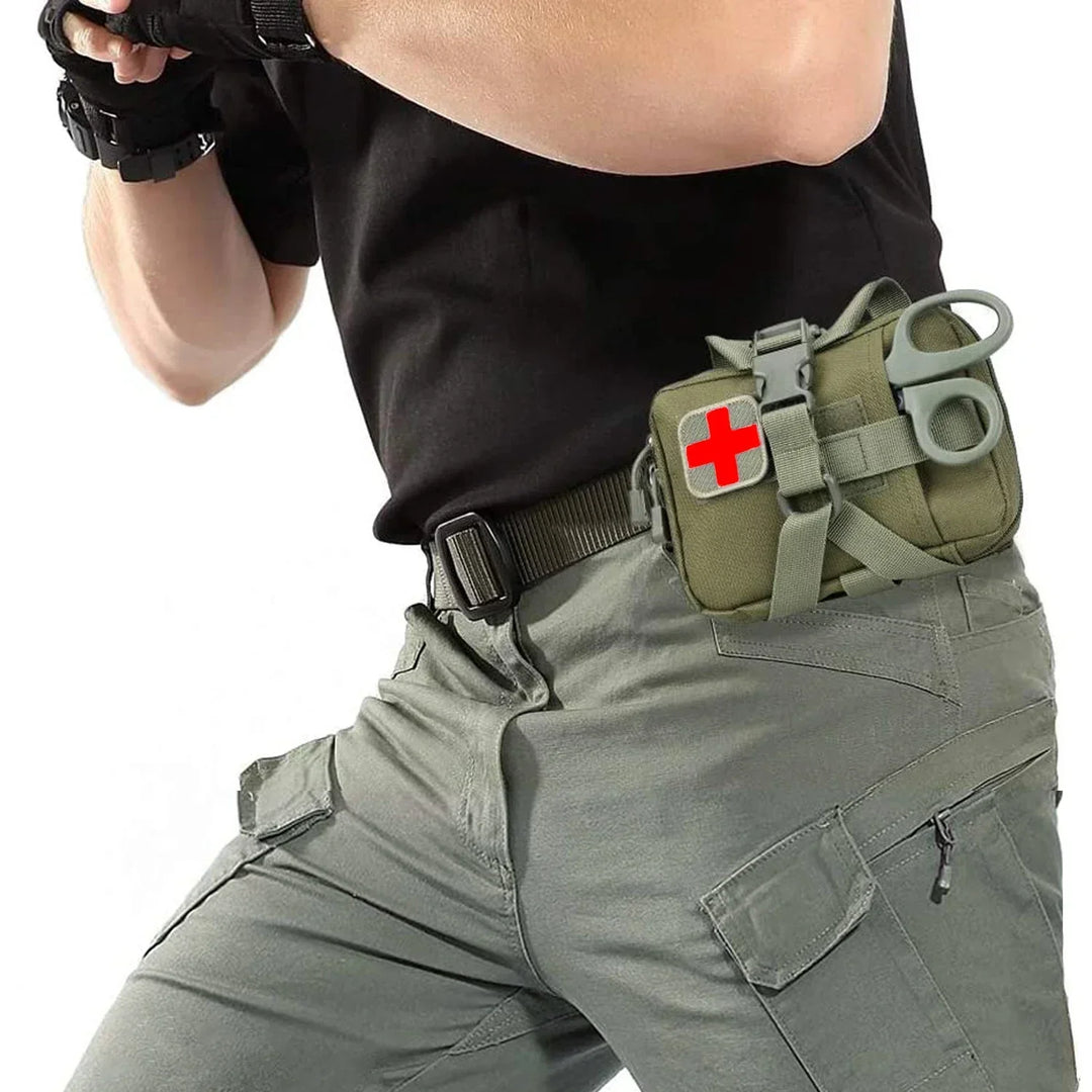 Tactical MOLLE survival trauma kit for emergency preparedness, outdoor adventures & hiking.
