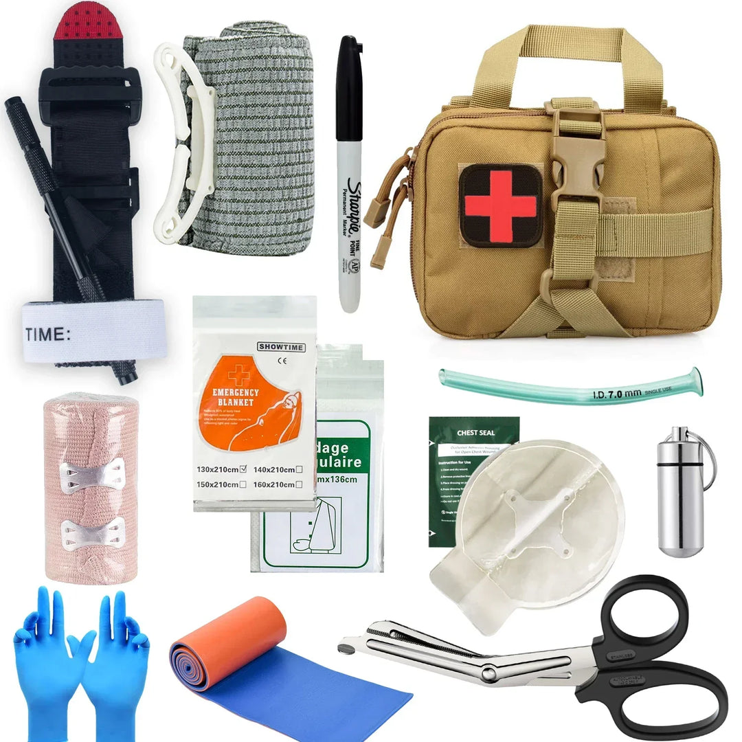 Essential survival first aid kit, emergency ready for all outdoor and tactical needs, preparedness.